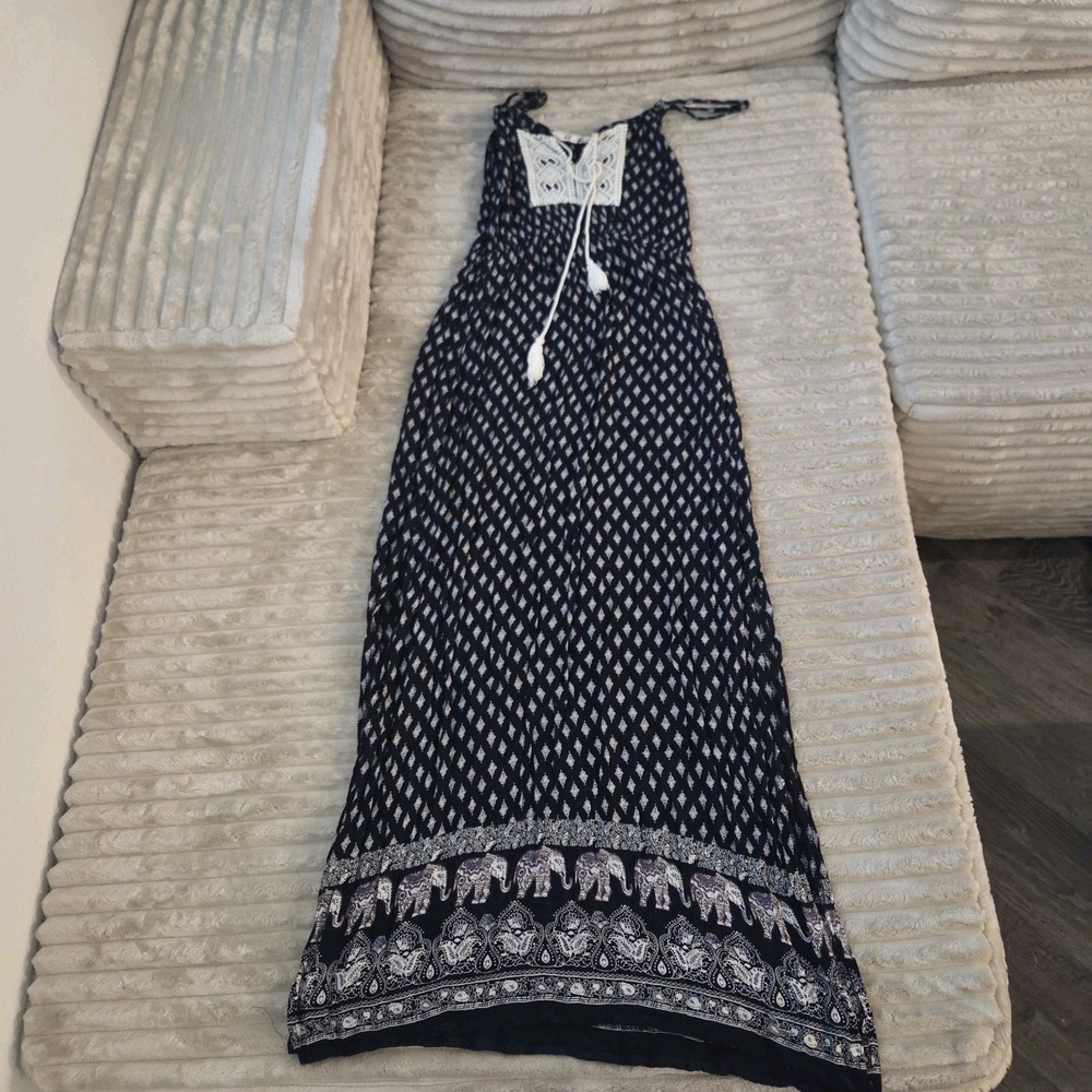 Mint of Blush Navy Blue Elephant Paisley Maxi Dress Small Boho Double Side Slits